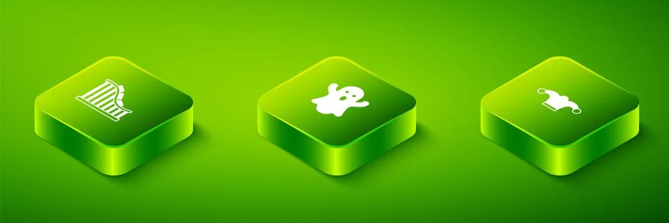 Set Isometric Ghost, Jester hat with bells and Roller coaster icon. Vector Illustrazione stock