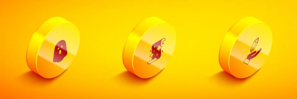 Set Isometric Ghost, Magic scroll and stone icon. Vector Stock Illustration