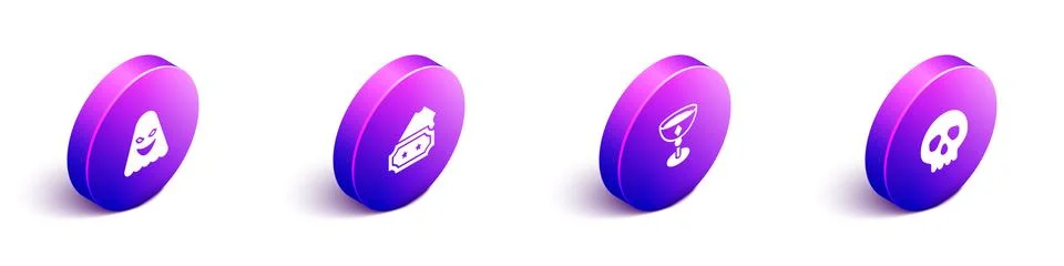 Set Isometric Ghost, Ticket, Medieval goblet and Skull icon. Vector Stock Illustration