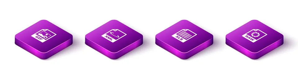 Set Isometric GIF file document, XML, XLS and RAW icon. Vector 스톡 일러스트