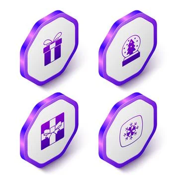 Set Isometric Gift box, Christmas snow globe, and Snowflake icon. Purple hexagon 스톡 일러스트