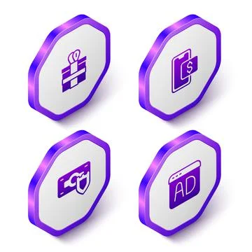 Set Isometric Gift box, Mobile shopping, Money with shield and Advertising icon 스톡 일러스트