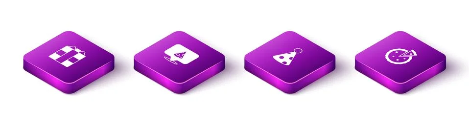 Set Isometric Gift box, Slice of pizza, Party hat and Homemade pie icon. Vector 스톡 일러스트