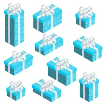 Set of isometric gift boxes with blue pattern wrap and white bow. Stock Illustration