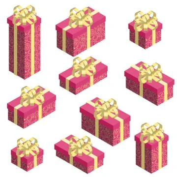 Set of isometric gift boxes with red pattern wrap and golden bow. Stock Illustration