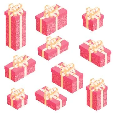 Set of isometric gift boxes with red pattern wrap and golden bow. Stock Illustration