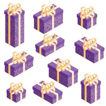 Set of isometric gift boxes with violet pattern wrap and golden bow. Stock Illustration