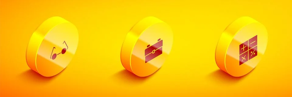 Set Isometric Glasses, School backpack and Calculator icon. Vector Illustrazione stock