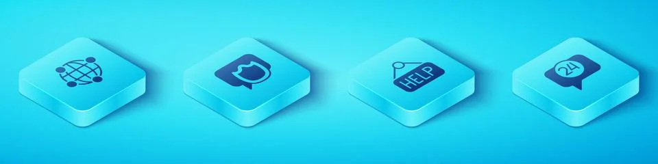 Set Isometric Global technology, Speech bubble chat, Telephone 24 hours sup.. Stock Illustration