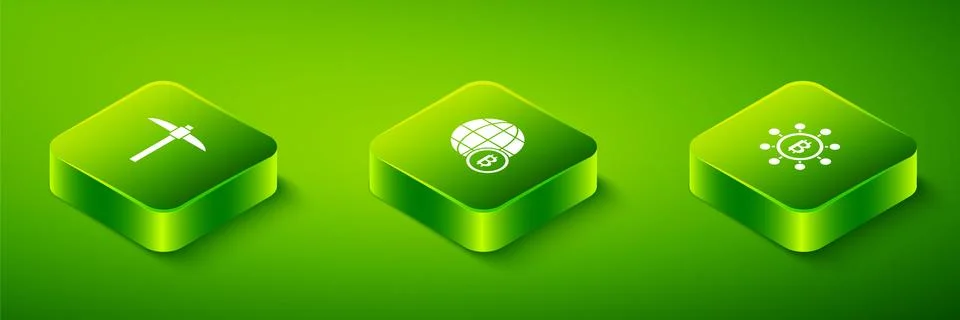 Set Isometric Globe Bitcoin, Blockchain technology and Pickaxe icon. Vector Stock Illustration