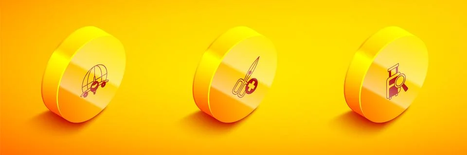 Set Isometric Globe with flying plane, No scissors and Lost baggage icon. Vector Illustrazione stock