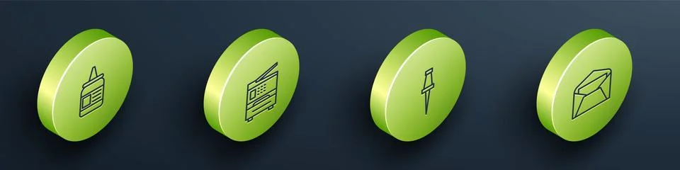 Set Isometric Glue, Printer, Push pin and Envelope icon. Vector Stock Illustration