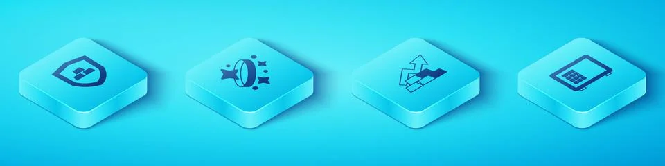 Set Isometric Gold bars with shield, ring, Safe and Growth arrow gold icon Stock Illustration