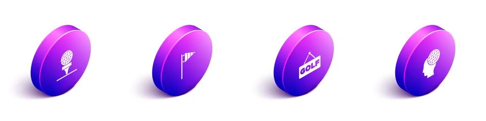Set Isometric Golf ball on tee, flag, label and icon. Vector Stock Illustration