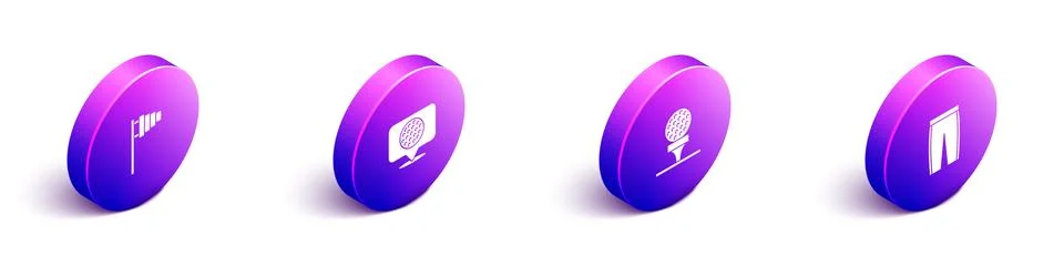 Set Isometric Golf flag, label, ball on tee and pants icon. Vector Stock Illustration