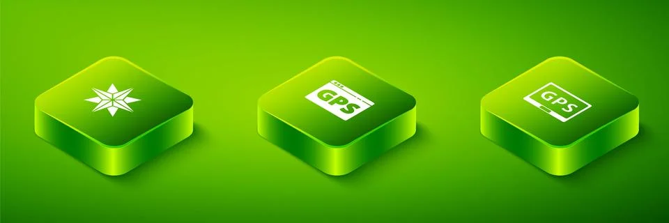 Set Isometric Gps device with map, and Wind rose icon. Vector Stock Illustration