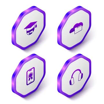 Set Isometric Graduation cap on globe, Cloud or online library, Online education Illustrazione stock