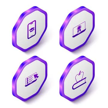 Set Isometric Graduation cap on mobile, Online education with diploma, quiz 스톡 일러스트