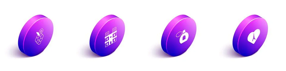 Set Isometric Grape fruit, Notre Dame de Paris, Perfume and Eiffel tower with Illustrazione stock