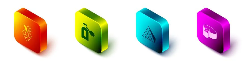 Set Isometric Grape fruit, Perfume, Louvre glass pyramid and Cheese icon. Vec 库存插图