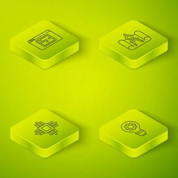 Set Isometric Graphing paper and compass, Processor with microcircuits CPU Illustrazione stock