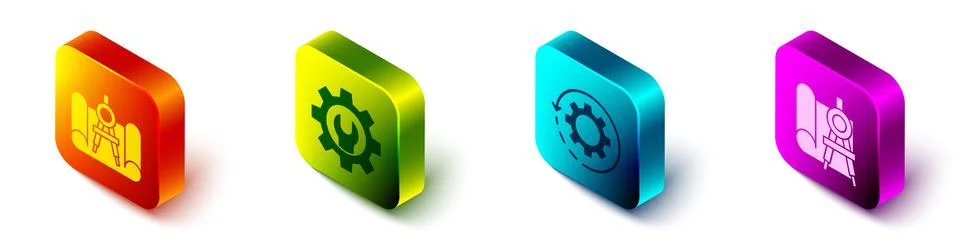 Set Isometric Graphing paper and compass, Wrench spanner and gear, Gear and Stock Illustration