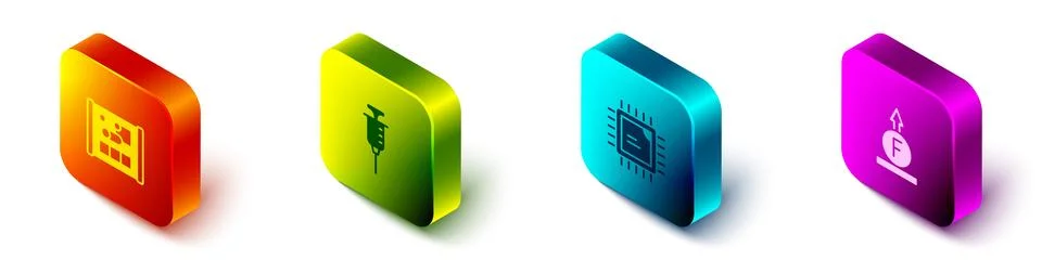 Set Isometric Graphing paper for engineering, Syringe, Processor CPU and Fo.. Illustrazione stock