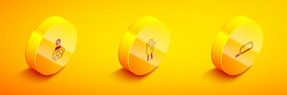 Set Isometric Grapple crane grabbed a log, Protective gloves and Hacksaw icon Illustrazione stock