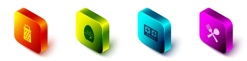 Set Isometric Grater, Kitchen timer, Gas stove and Crossed fork and spoon icon Stock Illustration