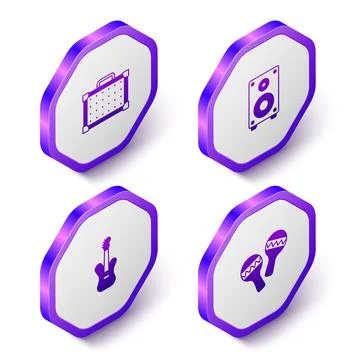 Set Isometric Guitar amplifier, Stereo speaker, Electric bass guitar and Maracas Ilustração Stock
