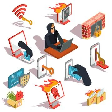 Set of isometric hacker icons Illustrazione stock