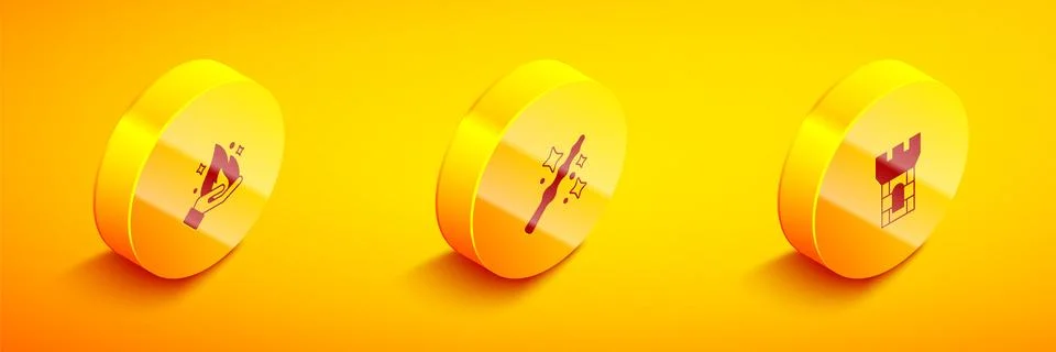 Set Isometric Hand holding fire, Magic wand and Castle tower icon. Vector Stock Illustration