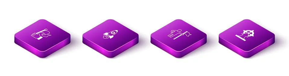 Set Isometric Hand holding flag, Rocket ship, Man and Target icon. Vector Stock Illustration