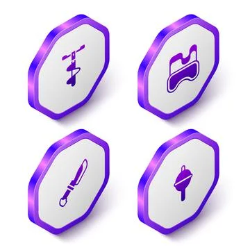 Set Isometric Hand ice drill, Diving mask, Knife and Fishing float icon. Purple 스톡 일러스트