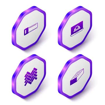 Set Isometric Hand saw, Worker safety helmet, Parquet and Brick icon. Purple Stock Illustration