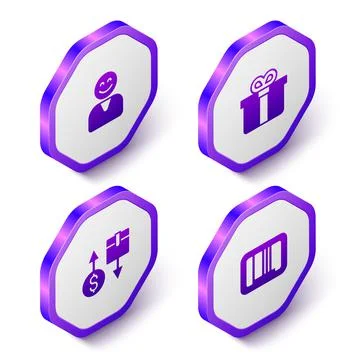 Set Isometric Happy customer, Gift box, Tax cardboard and Barcode icon. Purple 库存插图