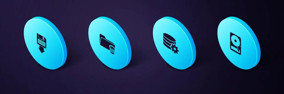 Set Isometric Hard disk drive HDD, Setting database server, Delete folder and Stock Illustration