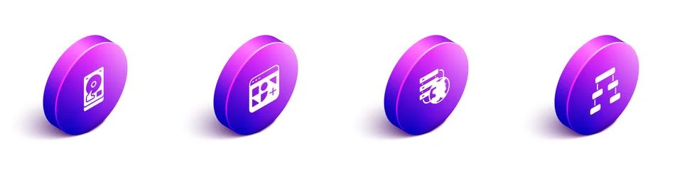 Set Isometric Hard disk drive HDD, Different files, Network cloud connection and Stock Illustration