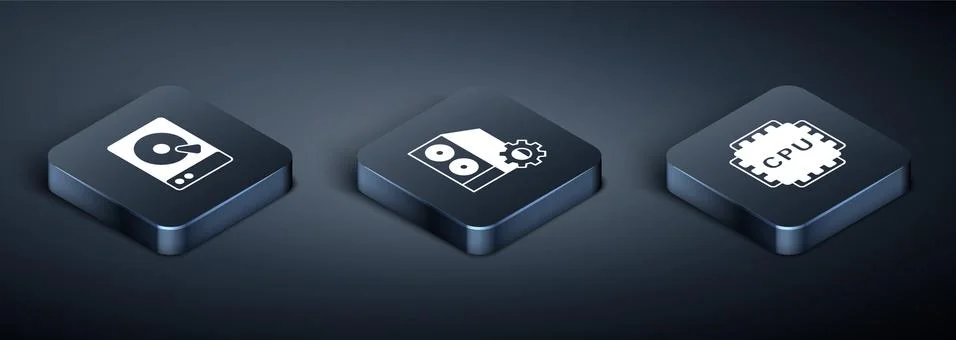 Set Isometric Hard disk drive HDD, Processor with CPU and Case of computer icon Stockillustratie