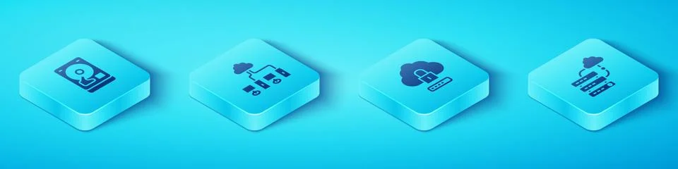 Set Isometric Hard disk drive HDD, Computer network, Network cloud connection Stock Illustration