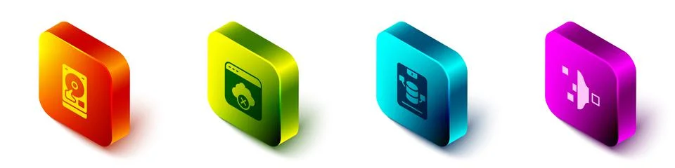 Set Isometric Hard disk drive HDD, Failed access cloud storage, Server, Data Stock Illustration