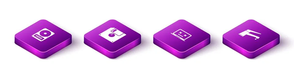 Set Isometric Hard disk drive HDD, Floppy, Dead laptop and Water tap icon. Ve Stock Illustration