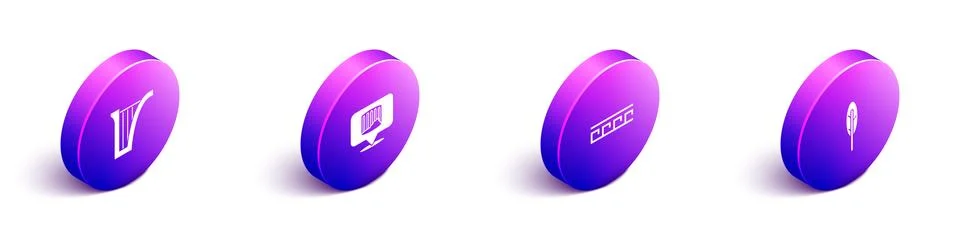 Set Isometric Harp, Ancient column, Greek pattern and Feather pen icon. Vector Illustrazione stock