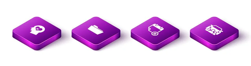 Set Isometric Head with heartbeat, Folder, Financial calendar and Car sharing Stock Illustration