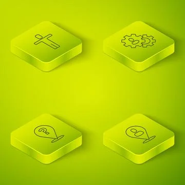Set Isometric Head hunting, Question mark, Worker location and icon. Vector Stock Illustration