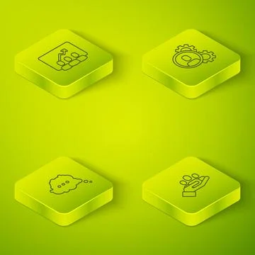 Set Isometric Head hunting, Speech bubble chat, Hand for search people and Pr Stock Illustration