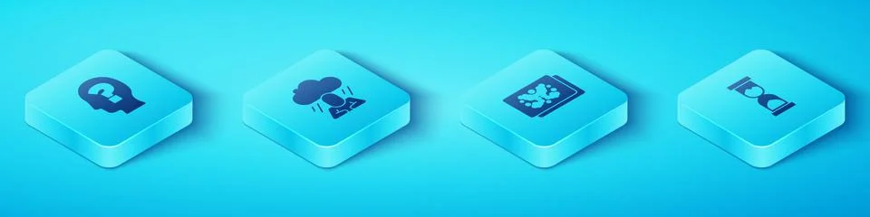 Set Isometric Head with question mark, Depression, Old hourglass and Rorschach 库存插图