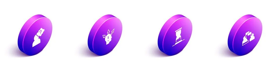 Set Isometric Head with question mark, Project team base, Old hourglass sand and Stock Illustration