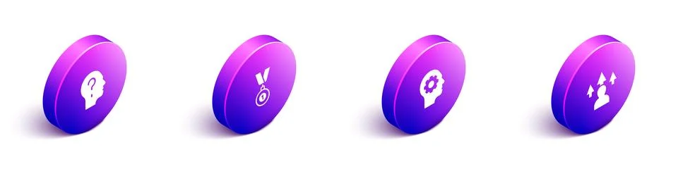 Set Isometric Head with question mark, Medal, Human head gear inside and Fr.. Stock Illustration