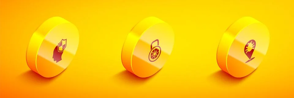 Set Isometric Head with shield, Safe combination lock and System bug icon Stock-Illustration